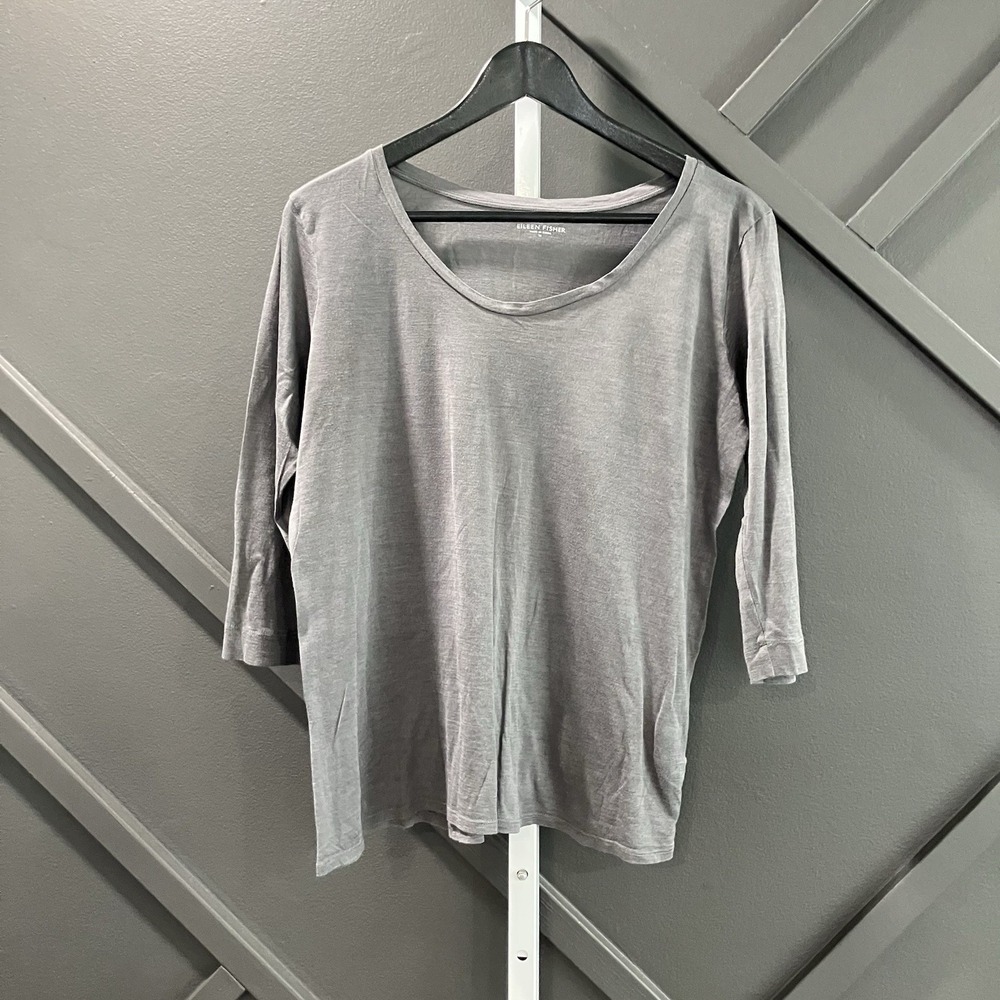 Eileen Fisher Sz M Gray 70% Silk 30% Cotton Scoop Neck 3/4 Sleeve Top